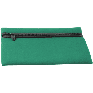 A green neoprene pencil case with a black zip, featuring a logo on one side.