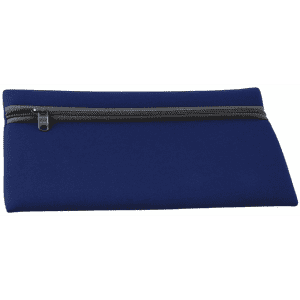 A navy neoprene pencil case featuring a zip closure and a simple design, with a logo on one side.