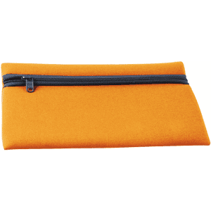 An orange neoprene pencil case with a black zipper, featuring a simple and sleek design.