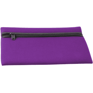 A purple neoprene pencil case with a zip closure and a sleek design. It features a logo on the surface.