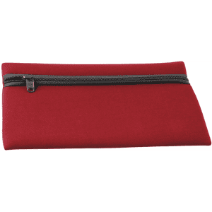 A red neoprene pencil case with a black zipper, featuring a logo on the front.