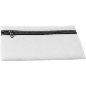 A grey neoprene pencil case with a black zipper. It has a smooth finish and includes a logo.