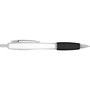 A plastic pen with a white body, black grip, and silver accents. It features a branding logo.