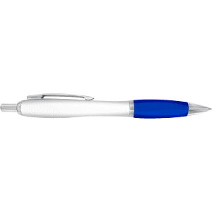 A plastic pen with a white body and blue grip, featuring a silver clip and trim, along with a branding logo.