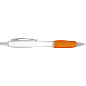 A plastic pen in white with an orange grip and silver accents, featuring a branding logo.