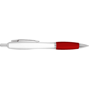 A plastic pen with a white barrel and a red grip, featuring a silver clip and tip. It has a logo on the barrel.