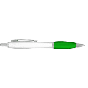 A plastic pen with a white barrel and green grip, featuring a silver clip and tip. It includes a logo.