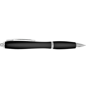 A black plastic pen with a silver clip and accents, featuring a sleek design and streamlined shape. It has a logo.