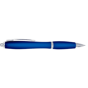 A blue plastic pen with a silver clip and accents, featuring a logo on the body.