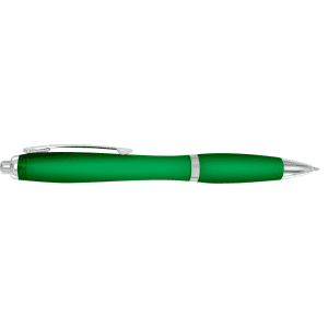 A green plastic pen with a silver clip and accents, featuring a sleek design and a shiny finish.