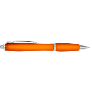 An orange plastic pen with a silver clip and accents. The pen has a sleek, modern design.