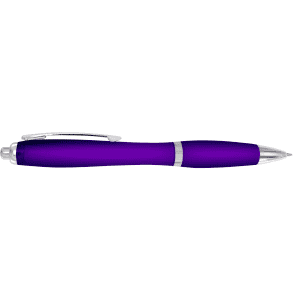 A purple plastic pen with silver accents and a clip. It features a sleek, ergonomic design.