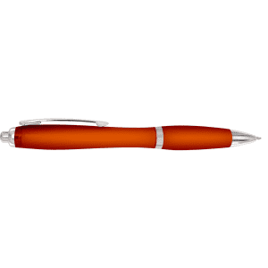 An orange plastic pen with a silver clip and accents, featuring a smooth, rounded design.