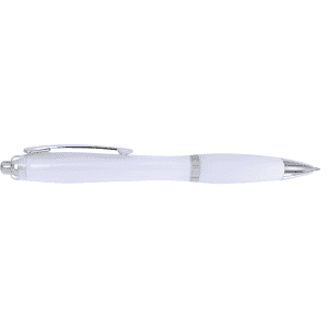 A white plastic pen with silver accents and a smooth barrel design. It features a clip for easy attachment.