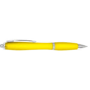 A yellow plastic pen with a shiny silver clip and accents, featuring a smooth, rounded design.