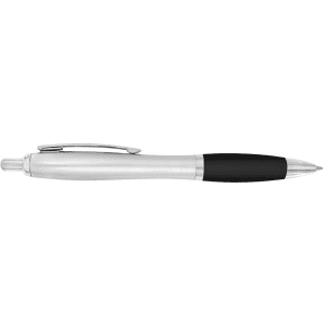 A silver and black plastic pen featuring a sleek design and a branding logo.