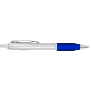 A plastic pen with a silver barrel and a blue grip, featuring a clip and a logo.