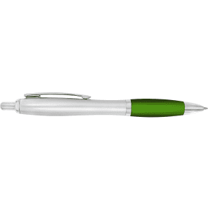 A plastic pen with a silver barrel and a green grip, featuring a clip and a branding logo.