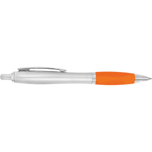 A plastic pen with a silver barrel and an orange grip, featuring a clip and a glossy finish.