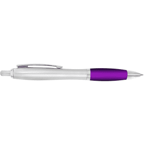 A plastic pen featuring a silver barrel and a purple grip, complete with a clip and a shiny finish.