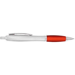 A plastic pen with a silver barrel and a red grip, featuring a clip and a smooth writing tip.