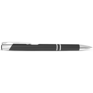 A metal pen in black with silver accents, featuring a clip and a sleek design. It has a logo on the body.