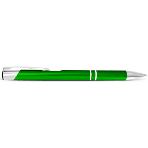 A green metal pen with a silver clip and accents, featuring a logo on the barrel.