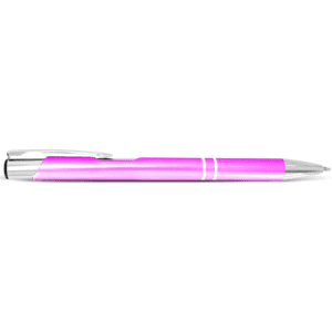 A pink metal pen with a shiny finish and silver accents, featuring a clip and barrel design.