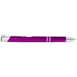 A metal pen with a sleek design in vibrant purple and silver accents, featuring a clip and a logo.