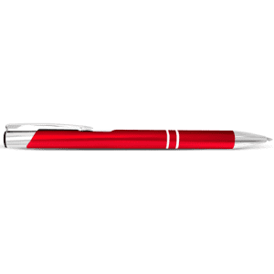 A metal pen in vibrant red with silver accents and a sleek design. It features branding on the body.