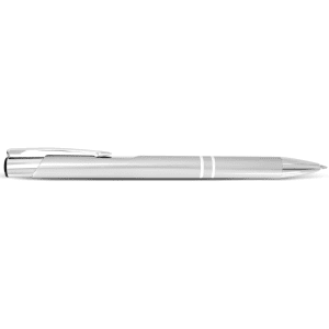 A silver metal pen with a sleek design and a clip, featuring branding on its body.