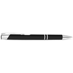 A sleek black metal pen with silver accents and a clip, featuring a simple branding logo.
