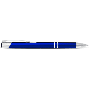 A blue metal pen with a silver clip and accents, featuring a sleek, polished design.