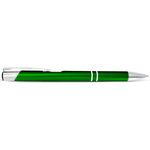 A green metal pen with a silver tip and clip, featuring a sleek and modern design.