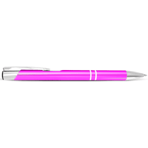 A metal pen in vibrant pink with silver accents, featuring a clip and decorative bands. Includes branding.