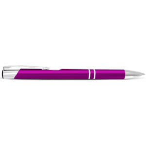 A metal pen in vibrant purple with silver accents and a sleek design, featuring a clip and a glossy finish.