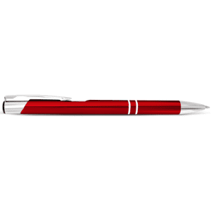 A red metal pen with a sleek design and silver accents, featuring a clip and branding.
