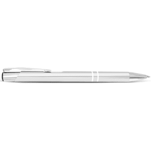 A metal pen in silver with a sleek design, featuring a clip and accents. It includes a logo.