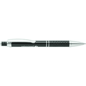 A black metal pen with silver accents and a textured grip. It features a branding logo.