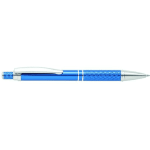 A blue metal pen with a textured grip and a chrome clip, featuring a logo.