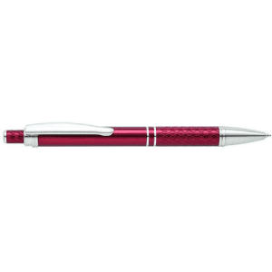 A metal pen in a vibrant red colour with a textured grip and silver accents. It features a logo on the body.