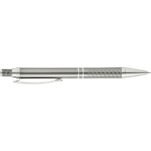 A metal pen with a silver finish and a textured grip; features a clip and a logo.