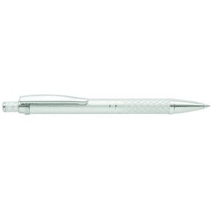 A silver metal pen with a textured grip and a clip, featuring a logo on the barrel.