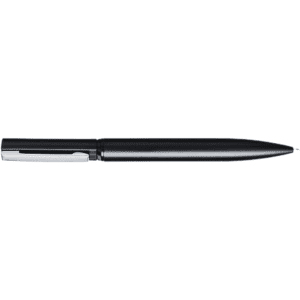 A metal pen in black with a chrome clip and a sleek design. It features a logo on the body.