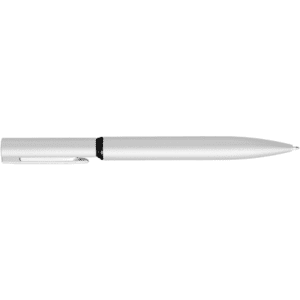 A metal pen in sleek silver with a black grip and clip, featuring a branding logo.