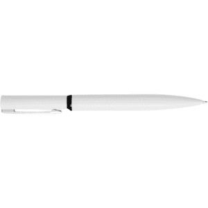 A metal pen in white with a sleek design and a black accent, featuring a clip and a branding logo.