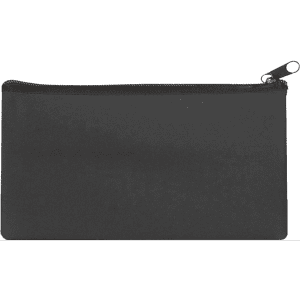 A black neoprene pencil case with a zip closure and a logo. Ideal for office and business use.