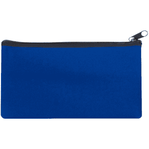 A large blue neoprene pencil case with a zip closure and a logo on one side.