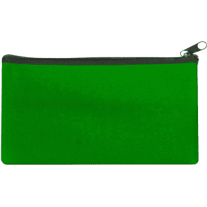 A large green neoprene pencil case with a zip closure and a simple design. Features a logo.