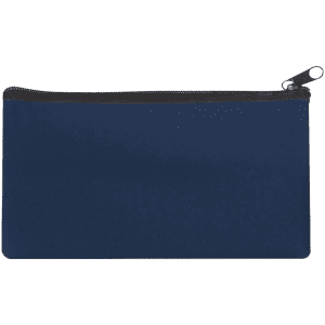 A large navy blue neoprene pencil case with a zipper, featuring one logo on the surface.